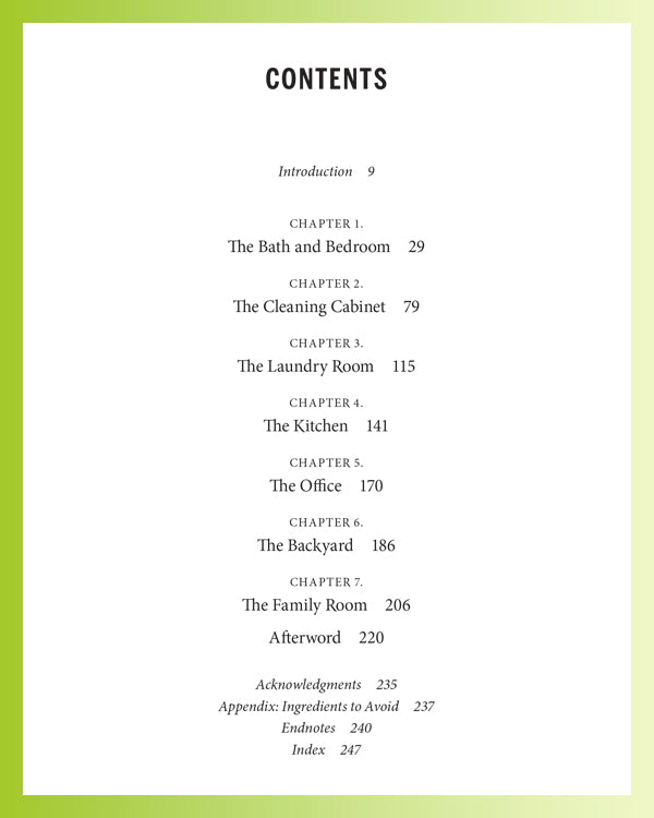 A books table of contents lists chapters including The Bath and Bedroom, The Cleaning Cabinet, and The Laundry Room with their respective page numbers. Simple design on a gradient background