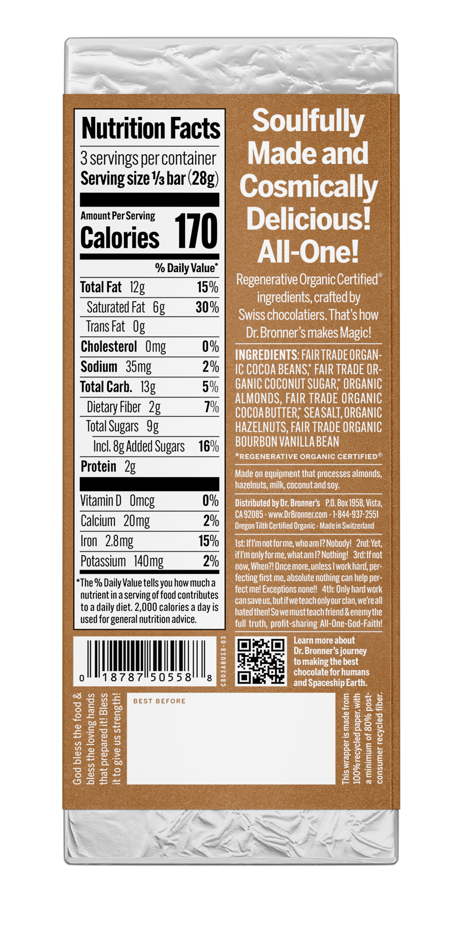 Dr. Bronner's Magic All-One Chocolate - Salted Almond Butter US-Chocolate-2.93oz-Almond Butter-Back_1.png__PID:04be7b1b-2c58-464c-8ba9-f5ad58d6a317