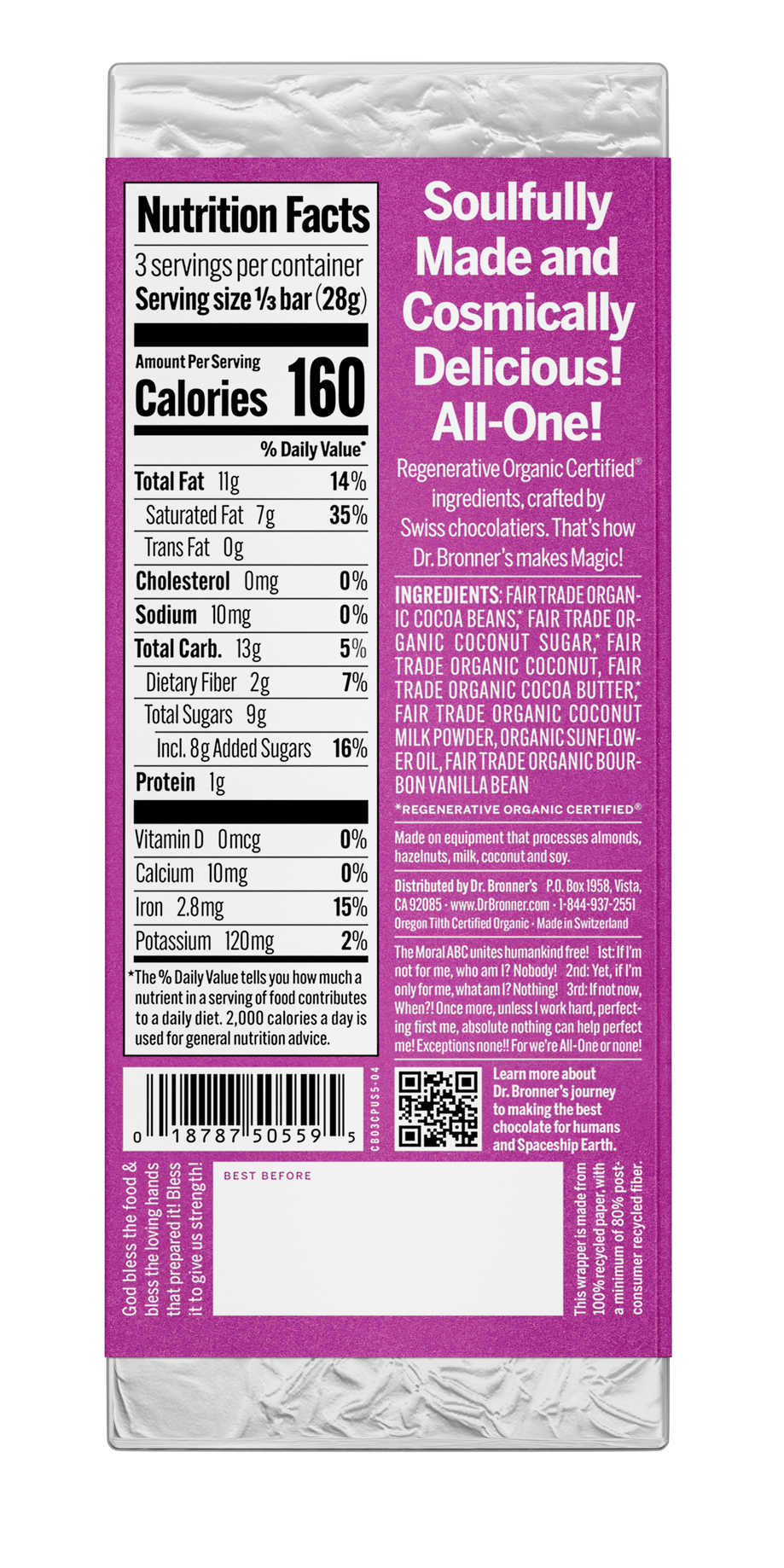 Dr. Bronner's Magic All-One Chocolate - Smooth Coconut Praline US-Chocolate-2.93oz-Coconut Praline-Back_1.png__PID:a9f5ad58-d6a3-475f-9008-ae0eb75187aa