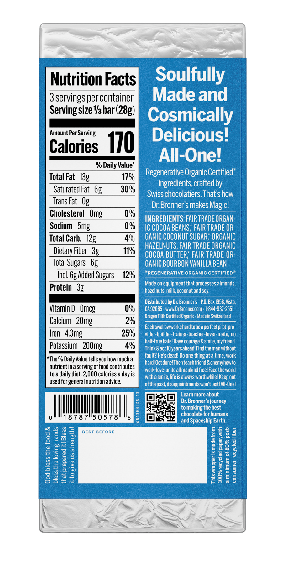 Dr. Bronner's Magic All-One Chocolate - Roasted Whole Hazelnut US-Chocolate-3oz-Whole Hazelnuts-Back_1.png__PID:d6a3175f-1008-4e0e-b751-87aa6486c8f6