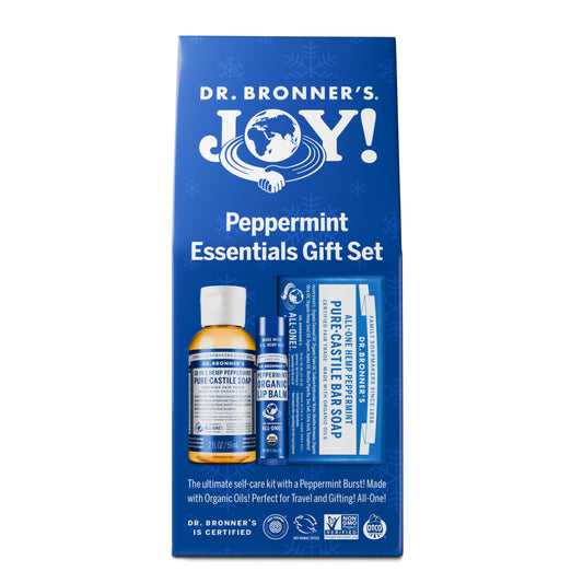Dr. Bronners JOY Peppermint Essentials Gift Set features liquid castile soap, lip balm, and bar soap in a blue package. The ultimate self care kit with a Peppermint Burst Made with Organic Oils. Perfect for Travel and Gifting All One [One Size]