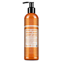 A bottle of Dr. Bronners Orange Lavender Organic Hand Body Lotion with a pump dispenser. It features extensive text detailing the fair trade and organic ingredients, set against an orange background [8 oz]