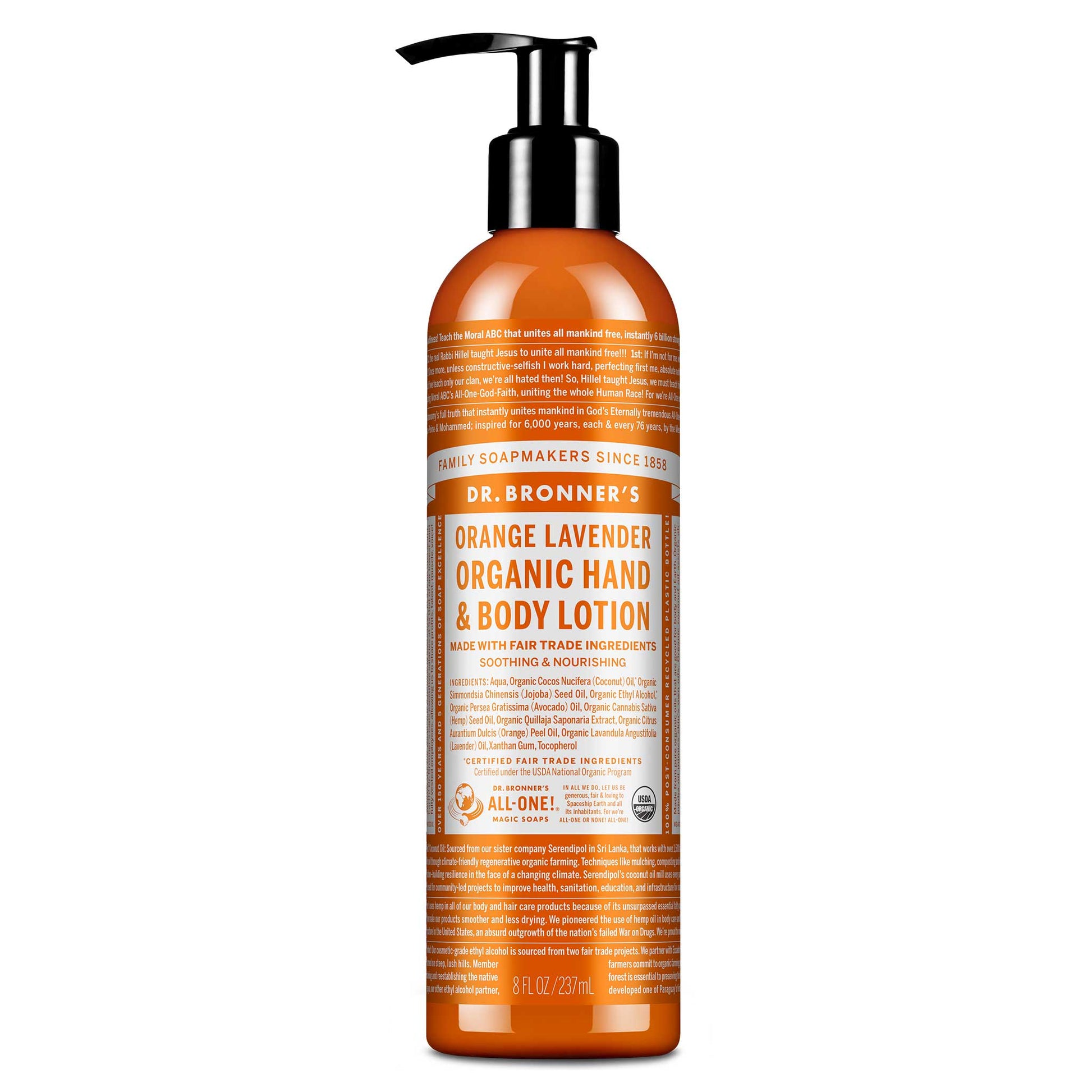 A bottle of Dr. Bronners Orange Lavender Organic Hand Body Lotion with a pump dispenser. It features extensive text detailing the fair trade and organic ingredients, set against an orange background [8 oz]