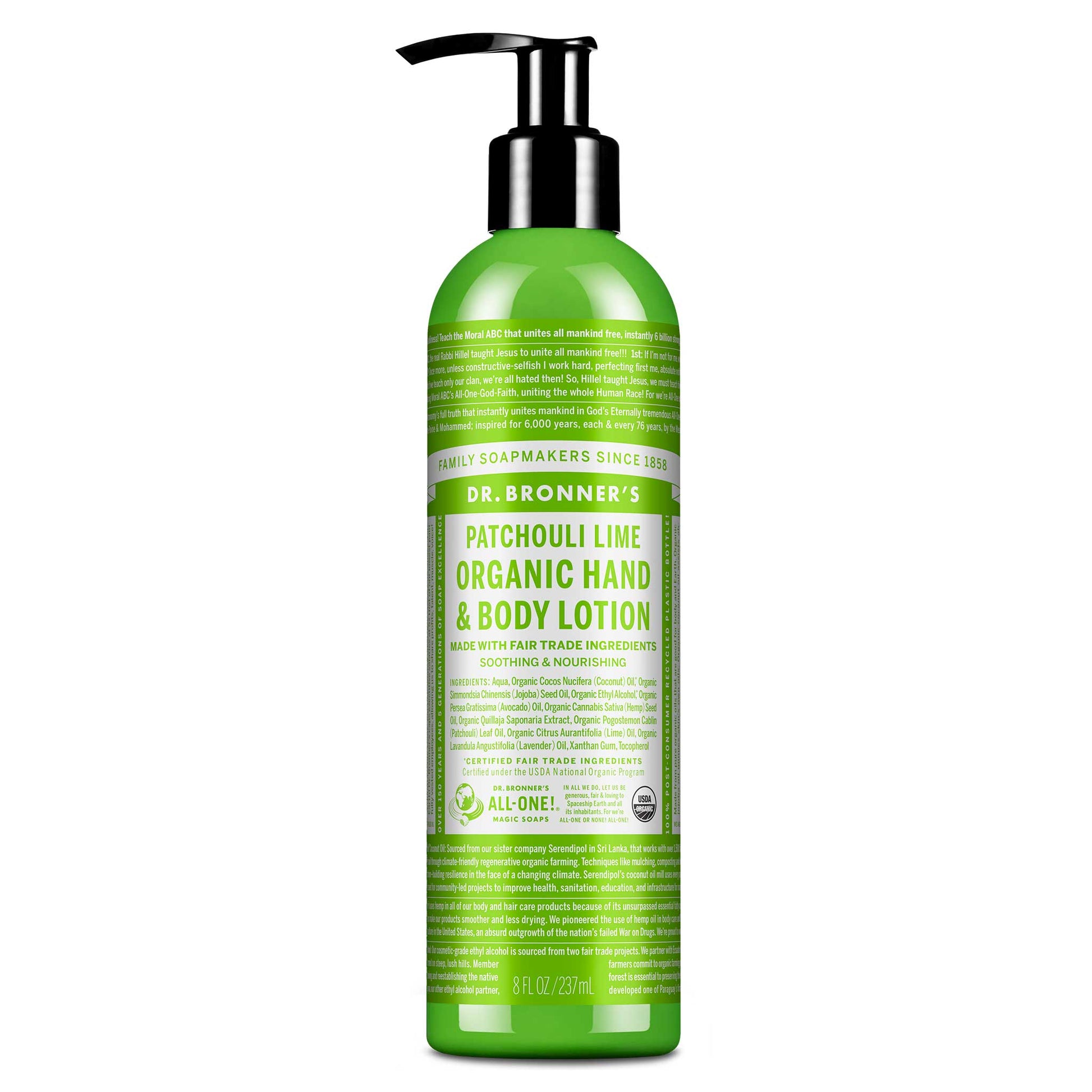 A green bottle labeled Dr. Bronners Patchouli Lime Organic Hand Body Lotion stands upright with a pump dispenser. Text emphasizes fair trade ingredients and nourishing properties, offering eco friendly, all in one skincare [8 oz]