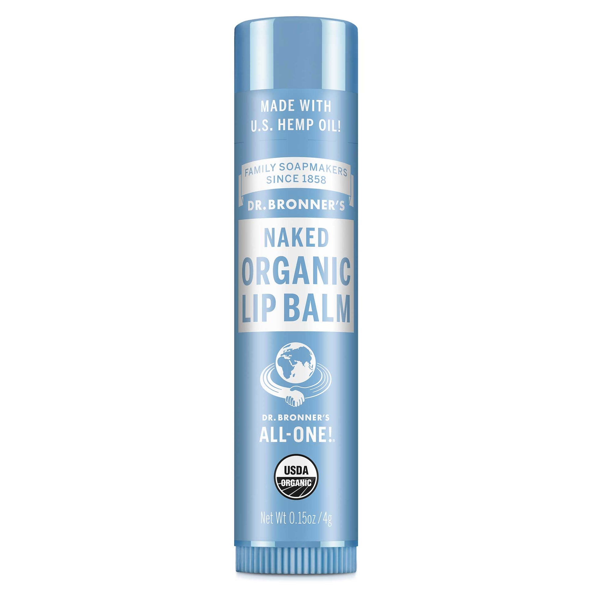 Dr. Bronners Naked Organic Lip Balm tube featuring soothing blue packaging with bold text highlighting its composition MADE WITH U.S. HEMP OIL and branding. FAMILY SOAPMAKERS SINCE 1858 DR. BRONNERS ALL ONE with USDA ORGANIC certification. Net Wt 0.15oz 4g [.15 oz]