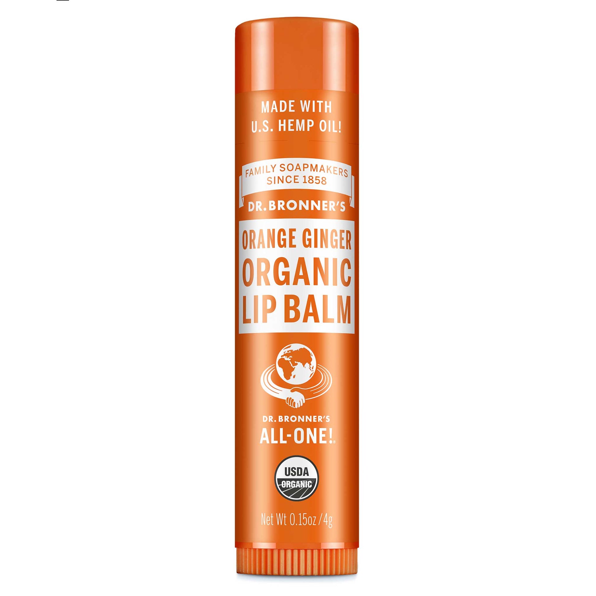 Dr. Bronners Orange Ginger Organic Lip Balm, with U.S. hemp oil, stands upright against a white background. Text includes Family Soapmakers Since 1858, All One, USDA Organic, Net Wt 0.15oz4g [.15 oz]