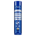 A blue cylindrical tube labeled Dr. Bronners Peppermint Organic Lip Balm featuring white text and certifications like USDA Organic. Ideal for those seeking organic, eco friendly lip care [.15 oz]