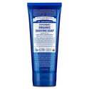 A blue tube labeled Dr. Bronners Peppermint Organic Shaving Soap is displayed. It highlights fair trade ingredients, smooth and moisturizing properties, and contains text detailing usage and benefits. The background is plain white [7 oz]