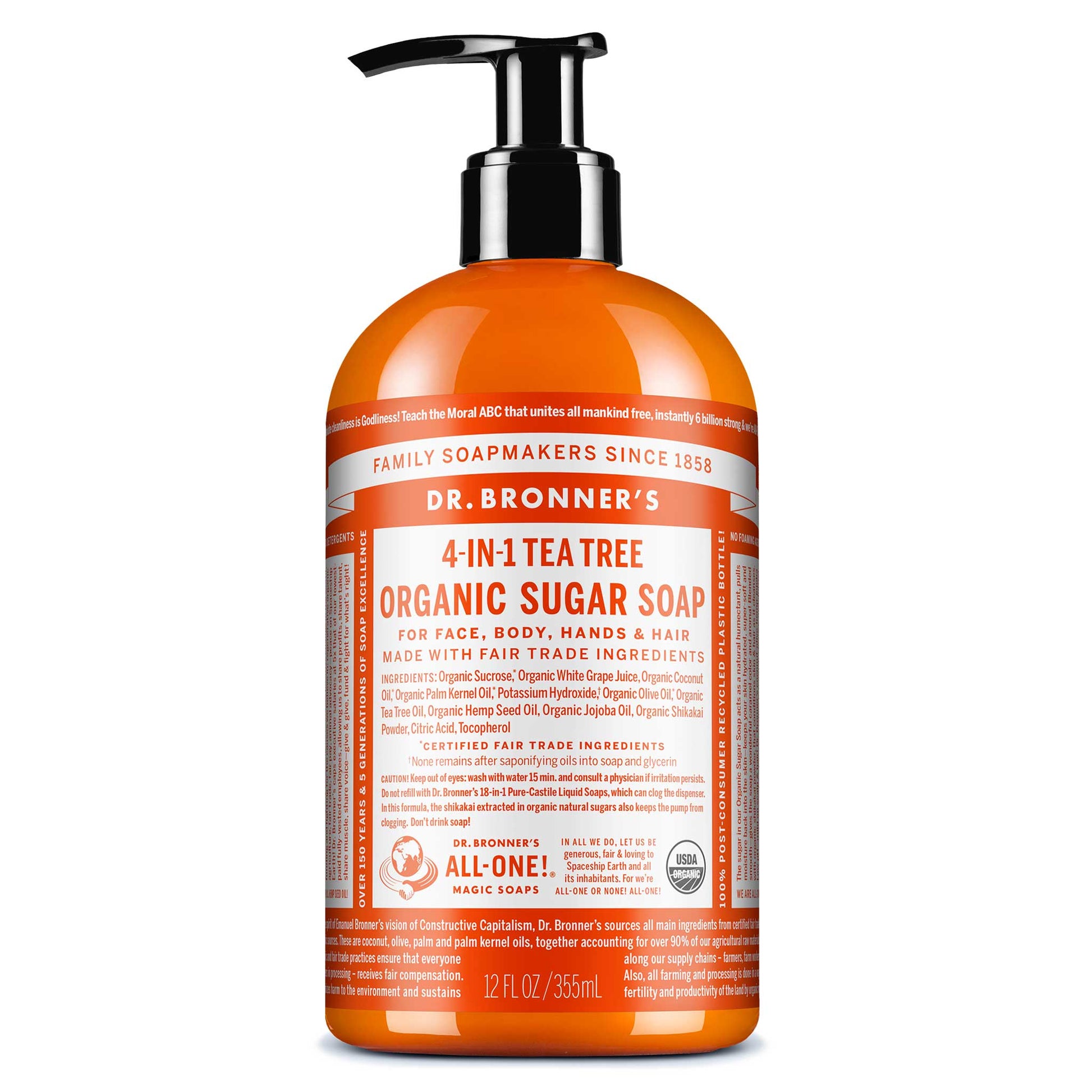 A pump bottle labeled DR. BRONNERS 4 IN 1 TEA TREE ORGANIC SUGAR SOAP contains liquid soap for face, body, hands, and hair, made with fair trade, organic ingredients, emphasizing sustainable, eco friendly skincare [12 oz]