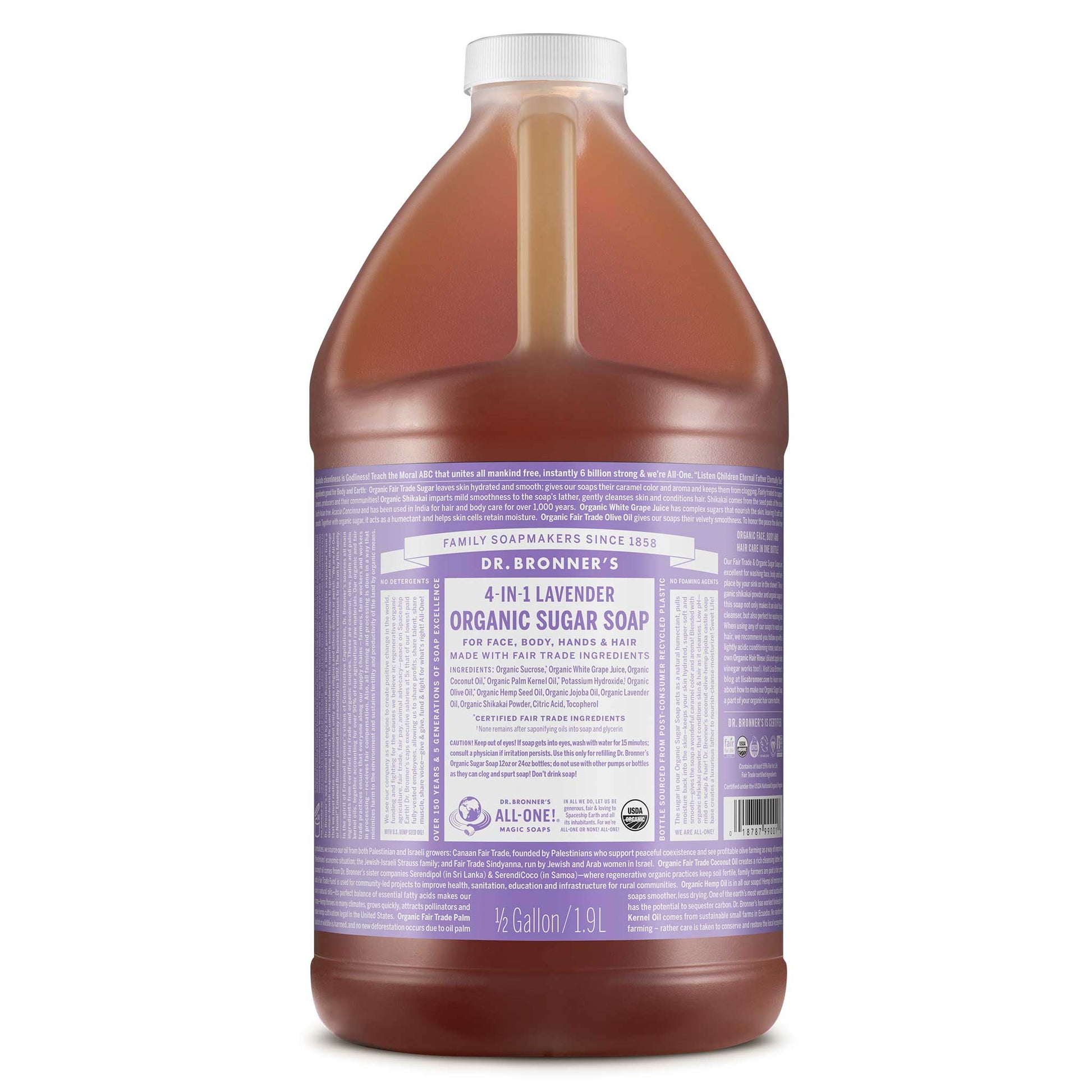 A large bottle labeled Dr. Bronners 4 in 1 Lavender Organic Sugar Soap designed for hair, body, hands, and face is set against a neutral background. Text promotes organic, fair trade ingredients [1/2 Gallon]