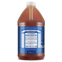 A large bottle of Dr. Bronners 4 in 1 Peppermint Organic Sugar Soap is displayed, featuring a blue label depicting detailed product information and branding for versatile uses. It emphasizes the bottles capacity of 12 gallon [1/2 Gallon]