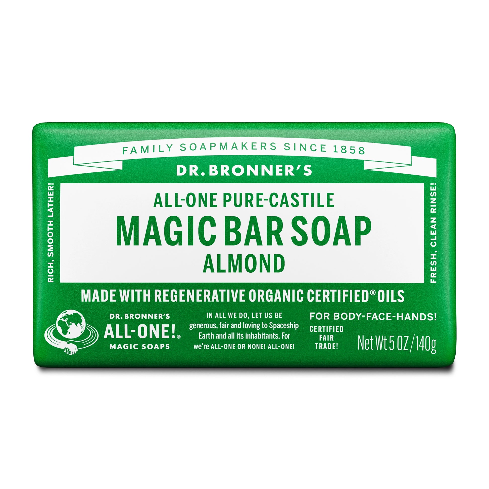 Dr. Bronners Magic Bar Soap in almond scent features a green wrapper, highlighting ALL ONE Pure Castile Magic Bar Soap. It emphasizes regenerative organic certified oils, fair trade certification, and net weight of 5 oz140g [5 oz]