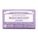 Dr. Bronners lavender Magic Bar Soap features lavender packaging with white text. It emphasizes All One Pure Castile Magic Bar Soap and Made with Regenerative Organic Certified Oils. Net weight 5 oz140g. Perfect for body and hands [5 oz]
