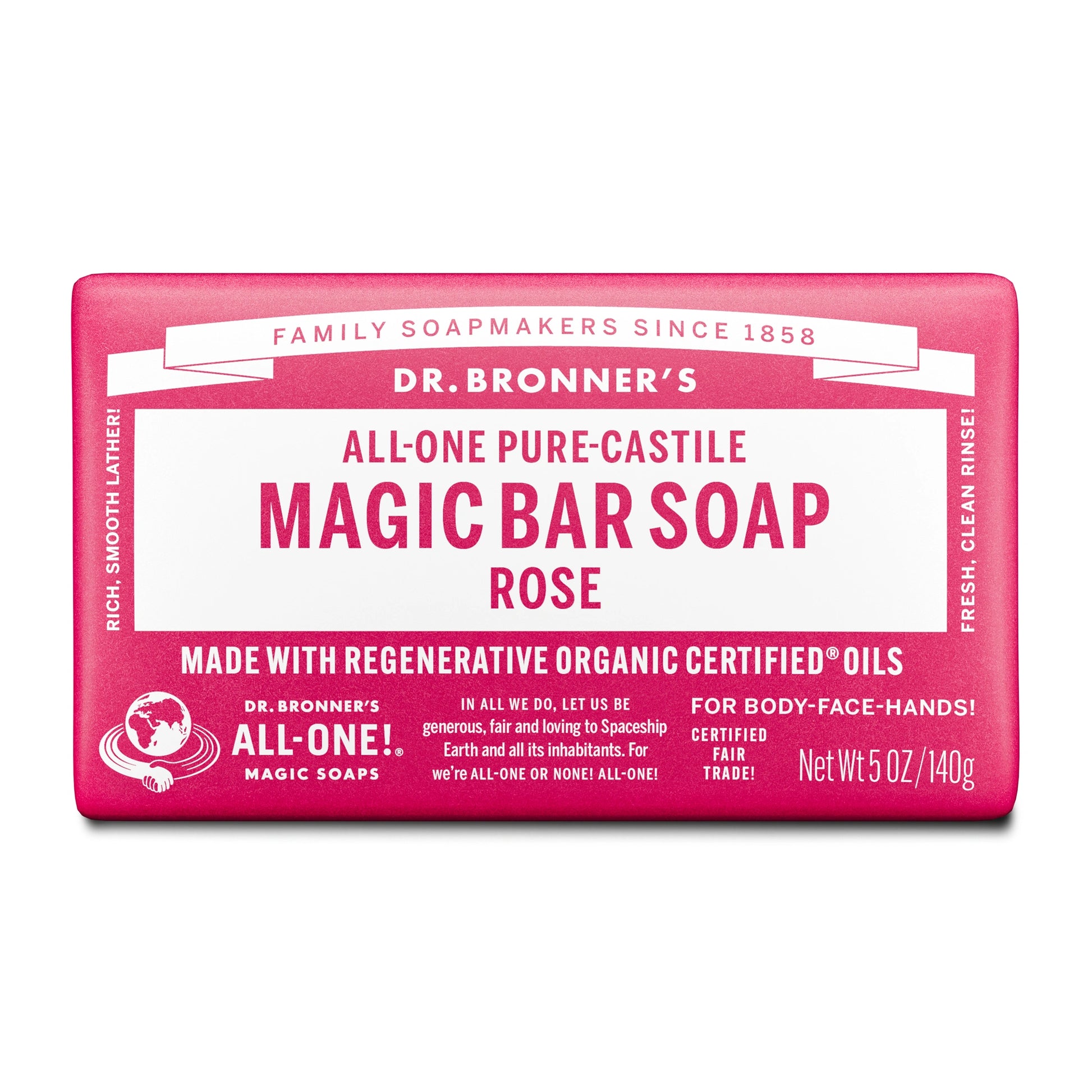A bar of Dr. Bronners All One Pure Castile Magic Bar Soap, Rose, sits packaged with text emphasizing regenerative organic certified oils, suitable for body, face, and hands. Net Wt 5 oz140g [5 oz]