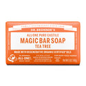 Dr. Bronners Magic Bar Soap, Tea Tree flavor, wrapped in orange and white packaging. It promotes regenerative organic certified oils, fair trade, and is intended for body, face, and hands. Net weight 5 oz140 g [5 oz]