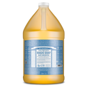 A gallon sized jug of Dr. Bronners 18 in 1 Pure Castile Magic Soap, Baby Unscented, with blue labeling featuring product details and usage information, highlighting its organic ingredients [1 Gallon]