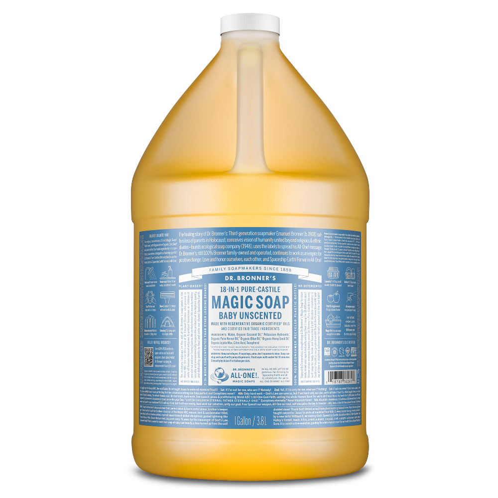 A gallon sized jug of Dr. Bronners 18 in 1 Pure Castile Magic Soap, Baby Unscented, with blue labeling featuring product details and usage information, highlighting its organic ingredients [1 Gallon]