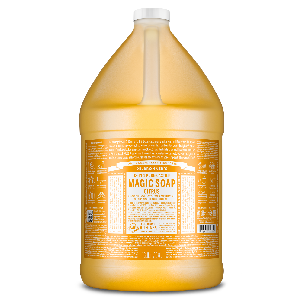 A large, transparent bottle labeled Dr. Bronners 18 in 1 Pure Castile Magic Soap in citrus fragrance. The container, holding 1 gallon , features detailed usage instructions and sustainability information [1 Gallon]
