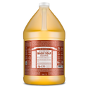 A large, one gallon bottle labeled Dr. Bronners 18 in 1 Pure Castile Magic Soap Eucalyptus sits upright. The label features detailed usage instructions and ingredient information in a red and white color scheme [1 Gallon]