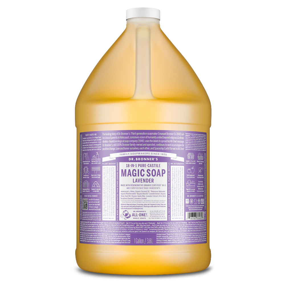 A large 1 gallon bottle of Dr. Bronners Magic Soap, labeled 18 in 1 Pure Castile Lavender. Packaged in a lavender themed label, it promotes organic, eco friendly, and biodegradable cleaning solutions [1 Gallon]