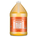 A gallon bottle labeled Dr. Bronners 18 in 1 Pure Castile Magic Soap Tea Tree stands upright with detailed orange and white text. It highlights natural, eco friendly, and vegan ingredients [1 Gallon]