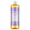 A bottle of Dr. Bronners Lavender Pure Castile Liquid Soap stands upright, featuring a purple label with extensive white text detailing its eco friendly, vegan, and organic attributes, surrounded by a white cap [16 oz]