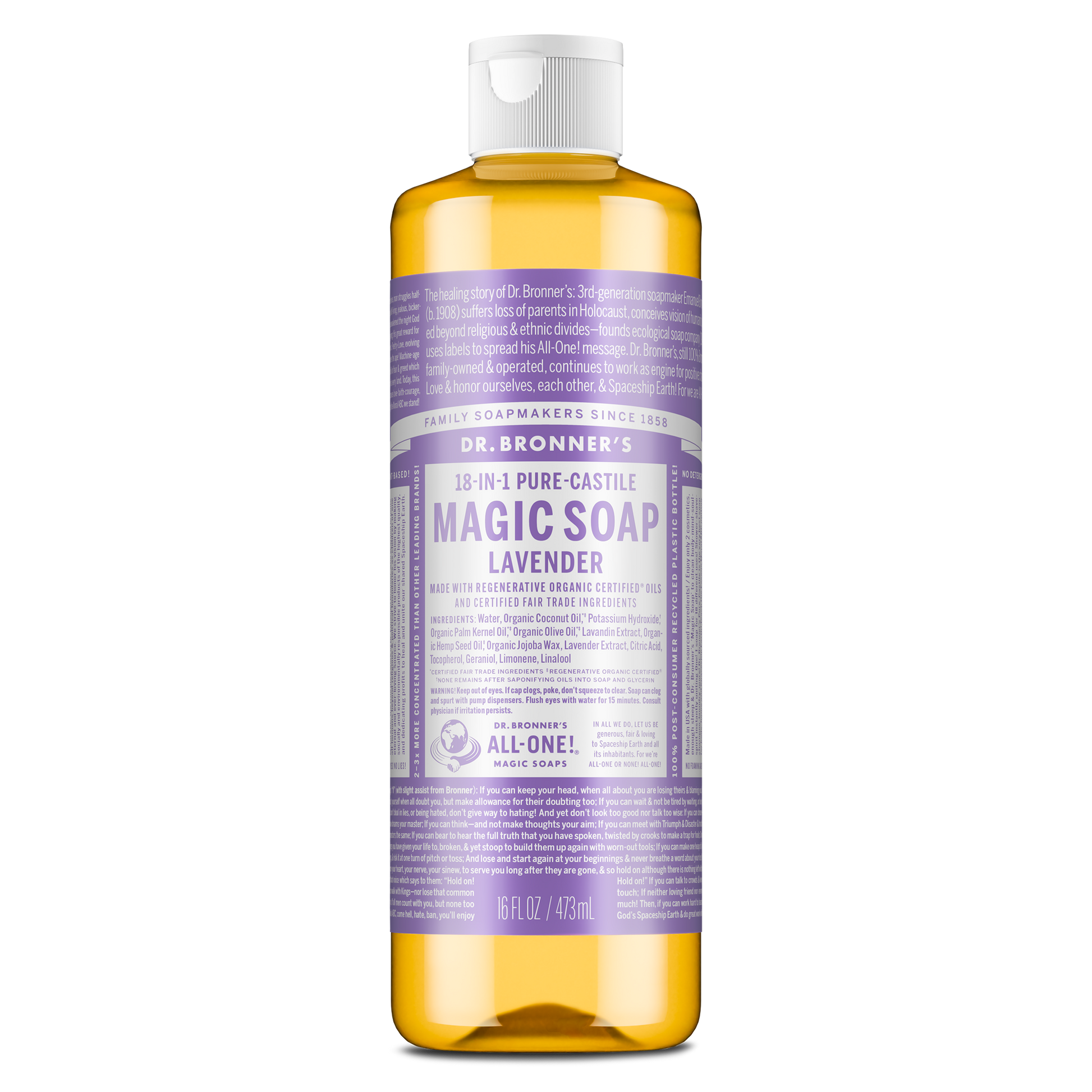 A bottle of Dr. Bronners Lavender Pure Castile Liquid Soap stands upright, featuring a purple label with extensive white text detailing its eco friendly, vegan, and organic attributes, surrounded by a white cap [16 oz]