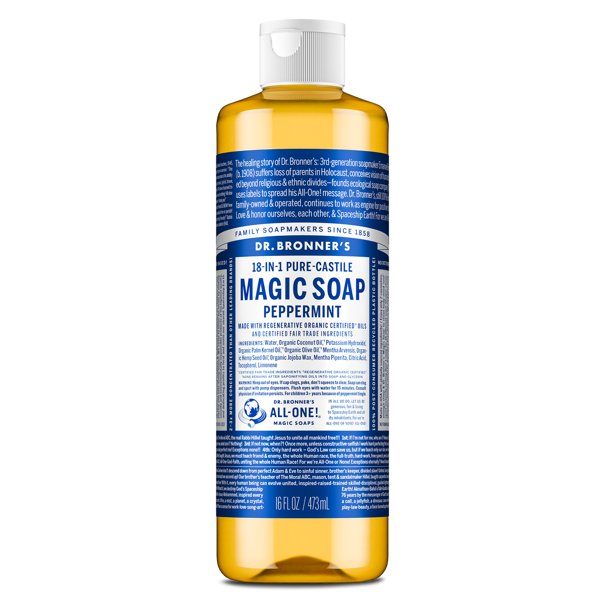 Bottle of Dr. Bronners 18 in 1 Pure Castile Magic Soap in peppermint. Bottle features detailed text highlighting organic, fair trade ingredients and sustainability. Size 16 fl oz [16 oz]