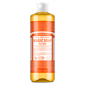 A bottle of Dr. Bronners 18 in 1 Pure Castile Magic Soap, Tea Tree variant, filled with amber liquid sits upright. The label emphasizes its organic certification and multi purpose use in personal care and cleaning [16 oz]