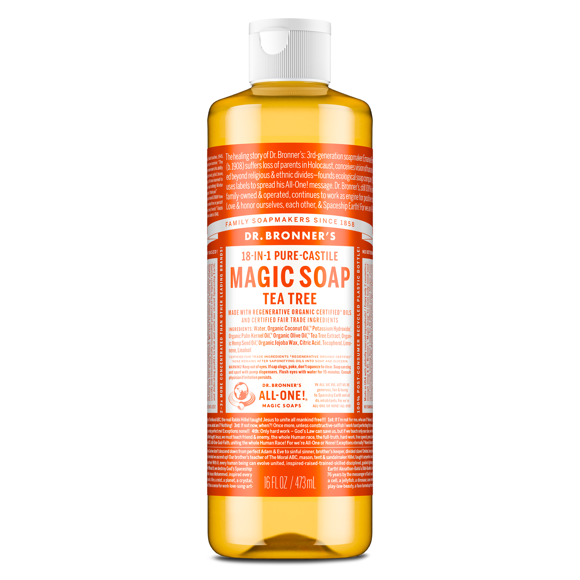 A bottle of Dr. Bronners 18 in 1 Pure Castile Magic Soap, Tea Tree variant, filled with amber liquid sits upright. The label emphasizes its organic certification and multi purpose use in personal care and cleaning [16 oz]