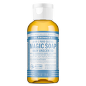 A bottle of Dr. Bronners Magic Soap, Baby Unscented, sits upright against a white background. The label highlights 18 in 1 Pure Castile Soap, emphasizing its natural, eco friendly, and vegan credentials [2 oz]