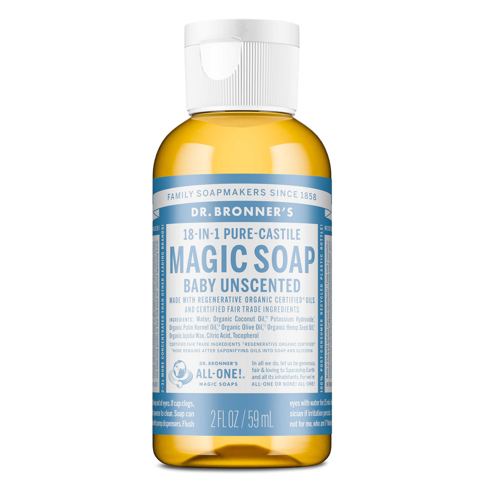 A bottle of Dr. Bronners Magic Soap, Baby Unscented, sits upright against a white background. The label highlights 18 in 1 Pure Castile Soap, emphasizing its natural, eco friendly, and vegan credentials [2 oz]