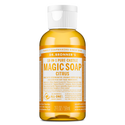 A 2 fl oz bottle of Dr. Bronners Citrus 18 in 1 Pure Castile Magic Soap features a yellow label with detailed text on its organic, fair trade ingredients, promoting its versatility and eco friendly benefits [2 oz]