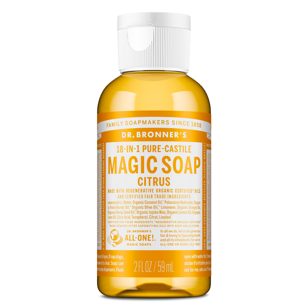 A 2 fl oz bottle of Dr. Bronners Citrus 18 in 1 Pure Castile Magic Soap features a yellow label with detailed text on its organic, fair trade ingredients, promoting its versatility and eco friendly benefits [2 oz]