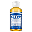 Dr. Bronners 2 fl oz bottle of 18 in 1 Pure Castile Magic Soap in peppermint scent stands upright. The label highlights organic certification and fair trade ingredients. Ideal as a natural, all purpose soap [2 oz]