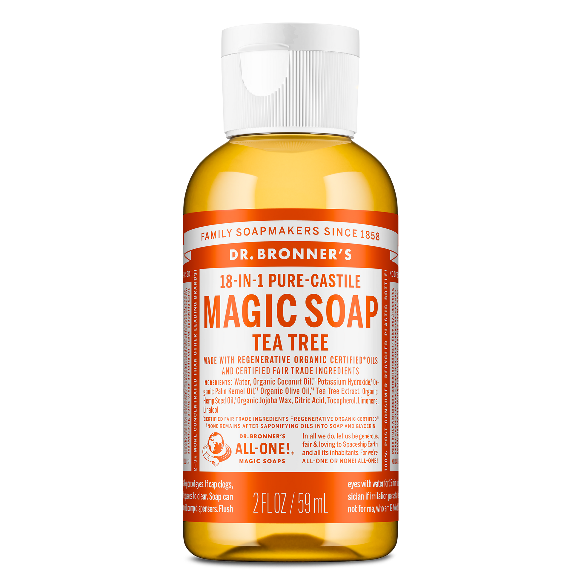 A 2 fl oz bottle of Dr. Bronners 18 in 1 Pure Castile Magic Soap, Tea Tree variant with organic and fair trade ingredients, features bold text and detailed usage instructions on the label [2 oz]