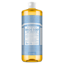A bottle of Dr. Bronners 18 in 1 Pure Castile Magic Soap, Baby Unscented, containing 32 fl oz , stands upright against a white background, featuring cascading text and detailed product information [32 oz]
