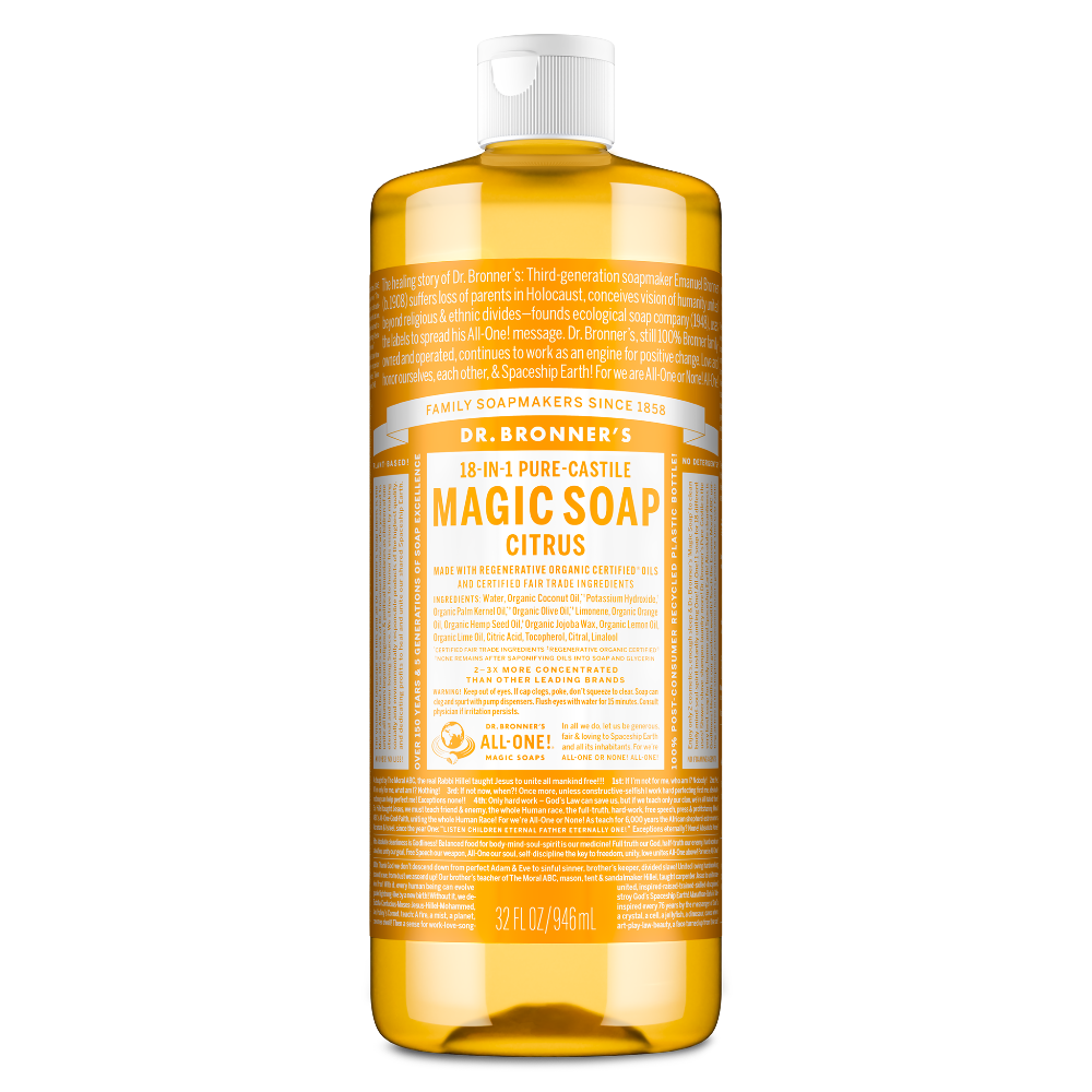 A large bottle of Dr. Bronners 18 in 1 Pure Castile Magic Soap, Citrus variant, stands upright. The label highlights family soapmakers, organic certification, and versatility for multiple cleaning uses. Capacity is 32 fl oz [32 oz]
