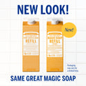Two cartons of Dr. Bronners Pure Castile Soap Refill with citrus scent stand against a tiled background. Text reads NEW LOOK SAME GREAT MAGIC SOAP. Packaging may vary for a limited time [32 oz]