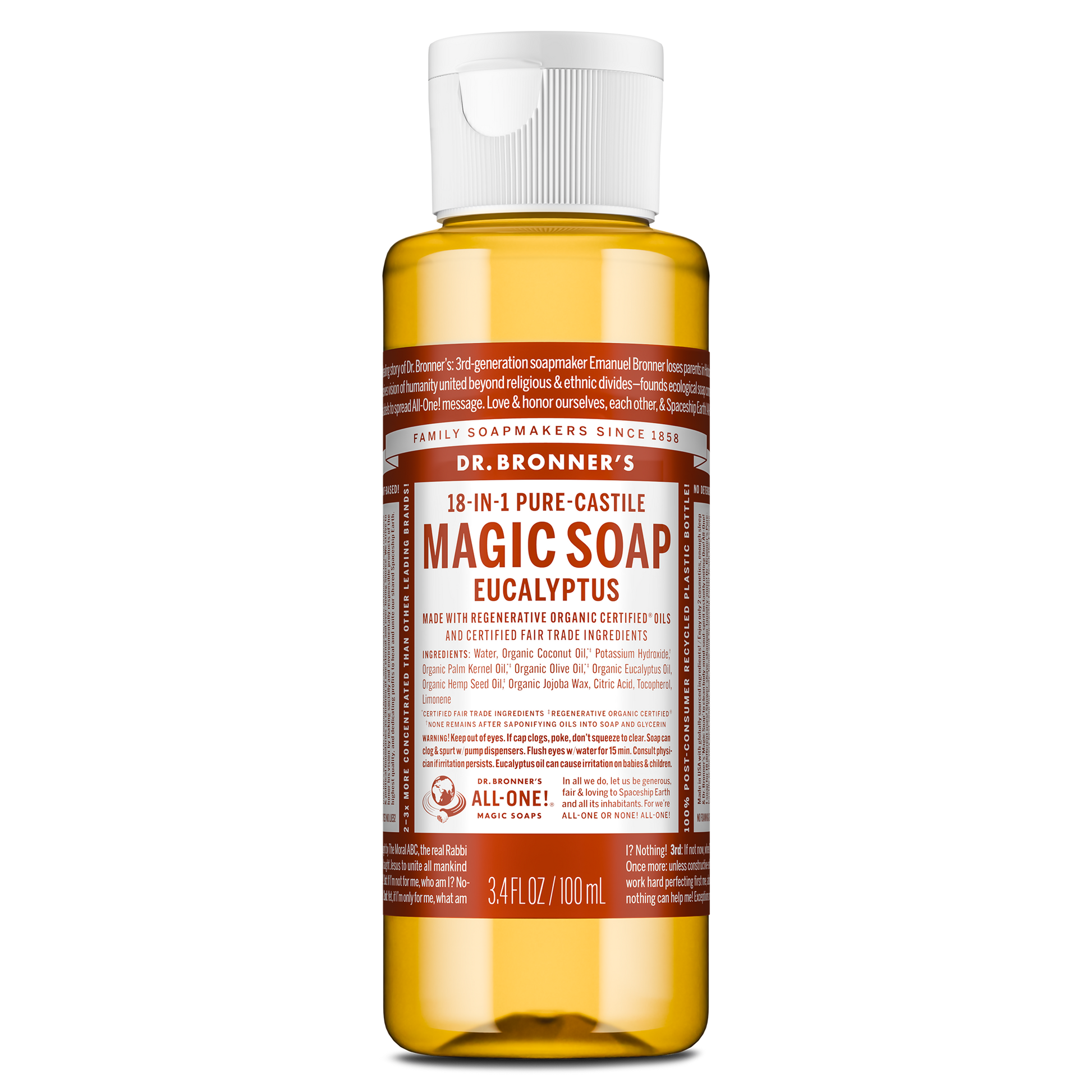 Dr. Bronners eucalyptus 18 in 1 pure castile soap in a 3.4 fl oz bottle features a white cap and a text filled brown label detailing its organic certification and multi use capabilities [3.4 oz]