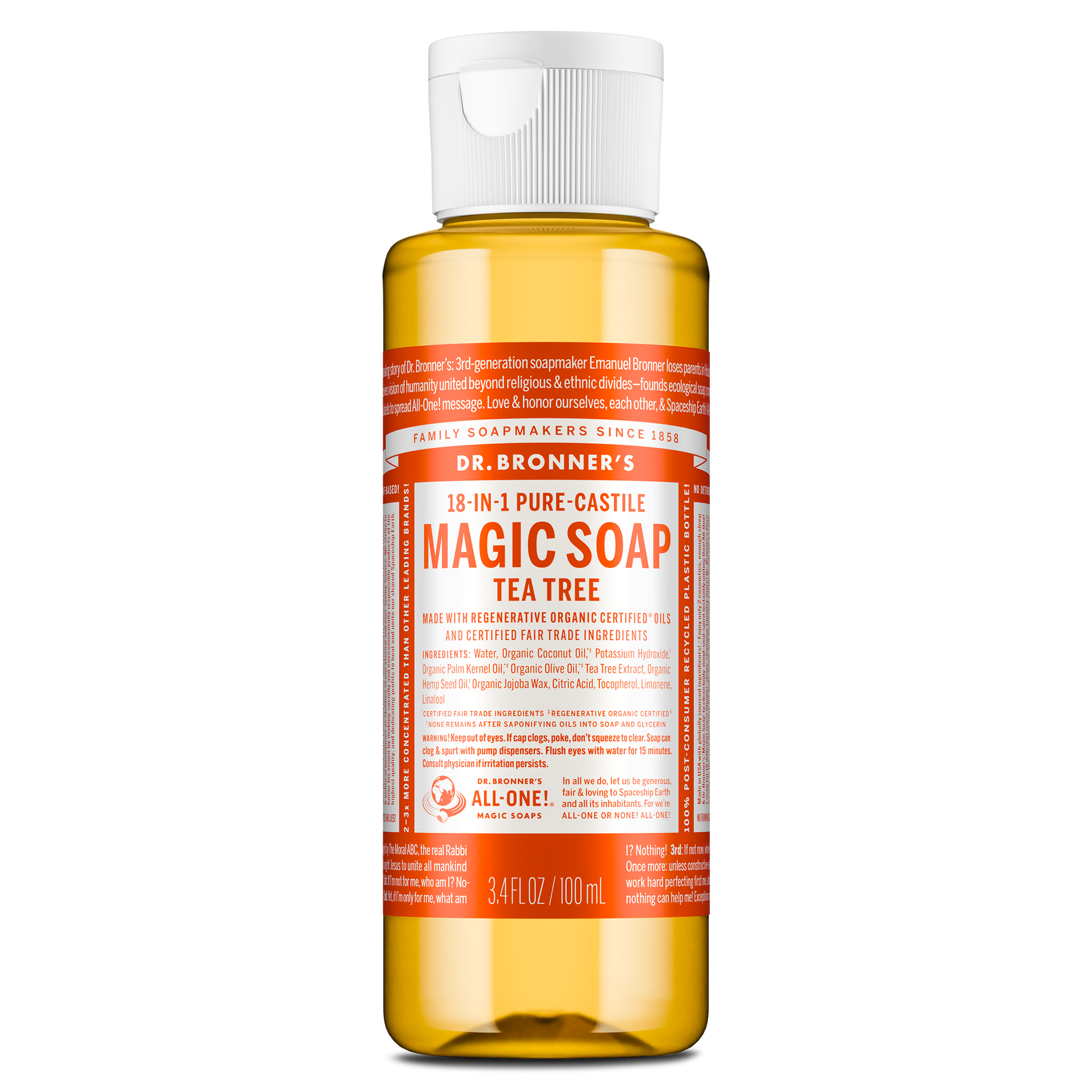 A compact 3.4 fl oz bottle of Dr. Bronners 18 in 1 Pure Castile Magic Soap features a white cap and vibrant orange label, highlighting Tea Tree scent with details about its organic certification [3.4 oz]