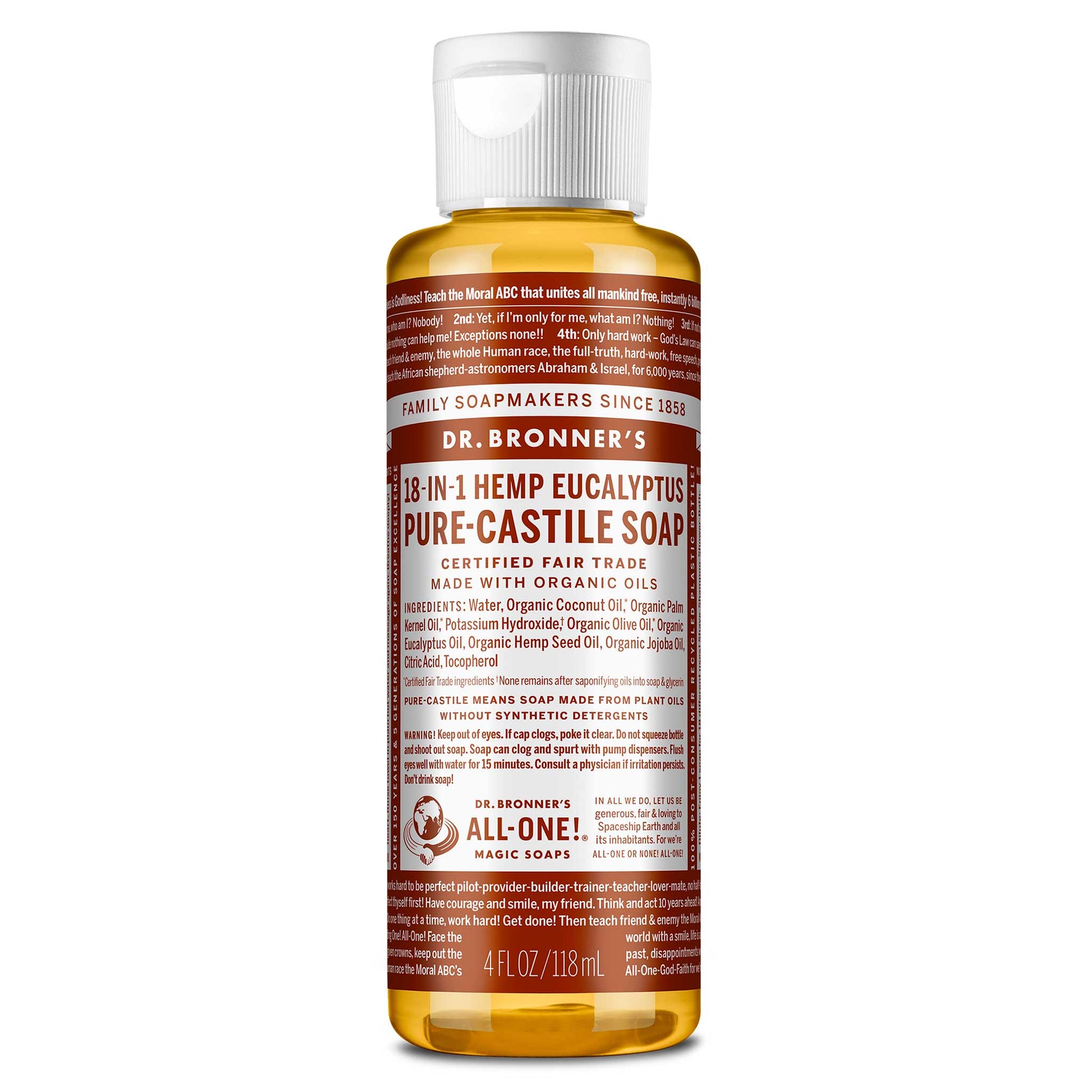 A brown labeled bottle of Dr. Bronners liquid castile soap stands upright, featuring white text detailing its organic and fair trade ingredients. The setting suggests personal care or cleaning purposes [4 oz]