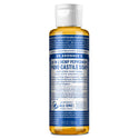 A small bottle of Dr. Bronners 18 in 1 Hemp Peppermint Pure Castile Soap stands upright, featuring a blue label with extensive white text, positioned against a plain white background [4 oz]
