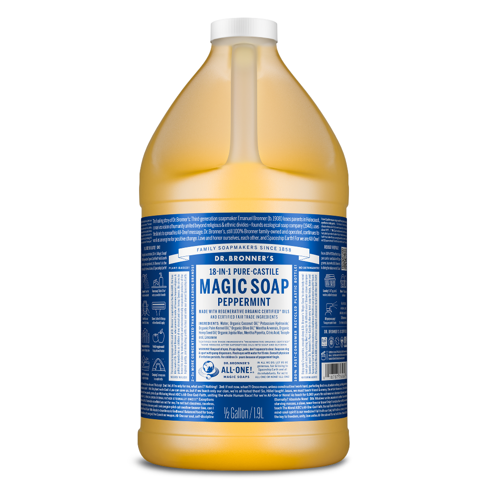 A half gallon bottle labeled Dr. Bronners 18 in 1 Pure Castile Magic Soap Peppermint displayed against a plain background, highlighting its diverse uses and organic ingredients. Text includes product details and usage instructions  [64 oz, 1/2 Gallon]
