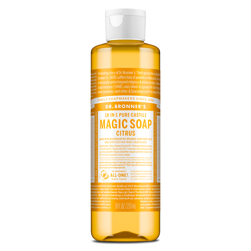A bottle of Dr. Bronners 18 in 1 Pure Castile Magic Soap, Citrus scent, stands upright. The label details organic certification and eco friendly ingredients, emphasizing sustainability and versatility. Text includes 8 fl oz 237 ml [8 oz]