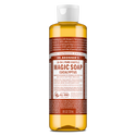A bottle of Dr. Bronners 18 in 1 Pure Castile Magic Soap in eucalyptus scent stands upright. Its brown and white label details its uses and organic certification. Capacity 8 fl oz237 ml [8 oz]