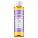 A bottle of Dr. Bronners 18 in 1 Pure Castile Magic Soap Lavender is seen standing upright. Its label features extensive text detailing ingredients and uses against a plain background [8 oz]