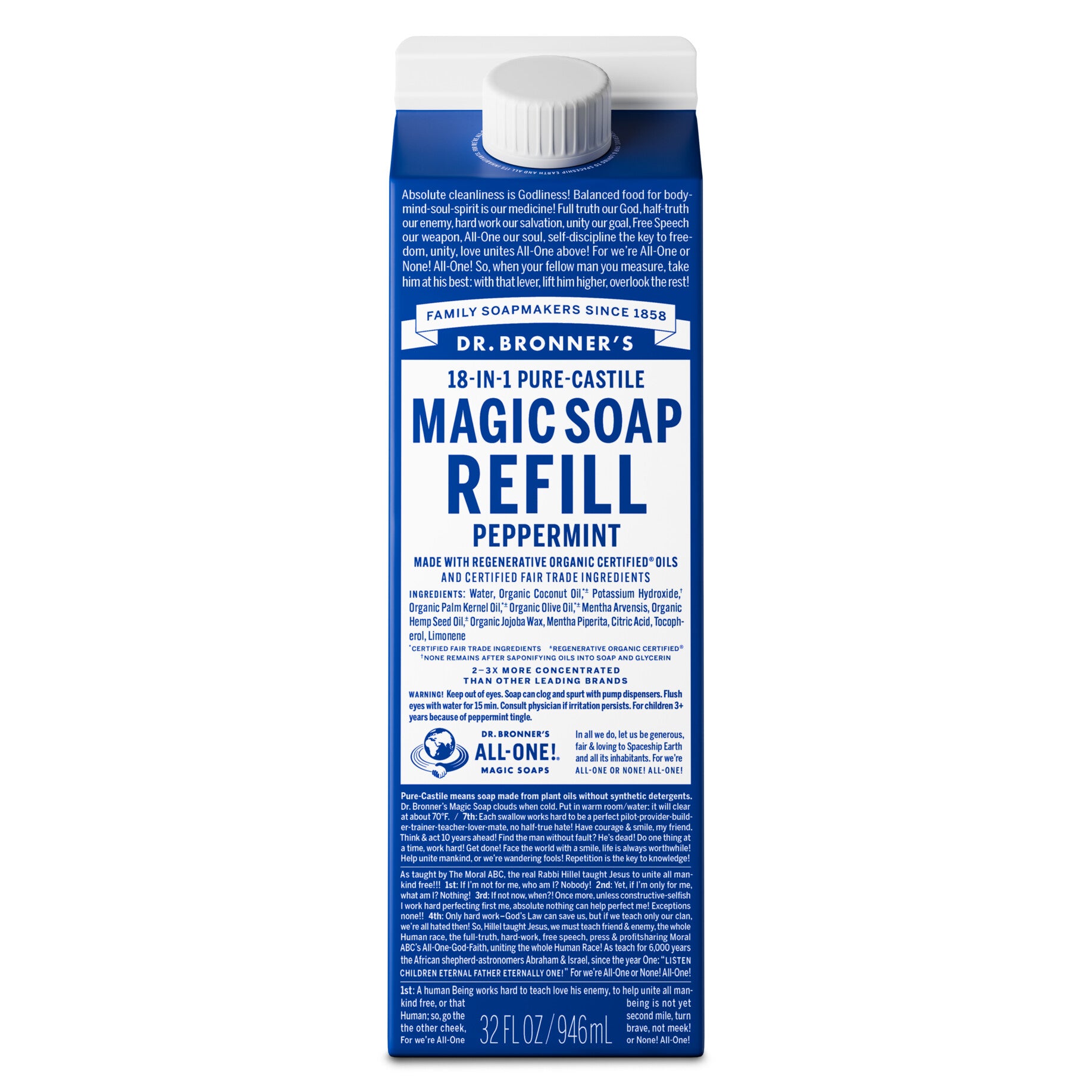 A blue carton labeled Dr. Bronners Magic Soap Refill Peppermint stands upright, featuring text on sustainable, fair trade ingredients. The background is plain white, emphasizing eco friendly soap packaging [32 oz]
